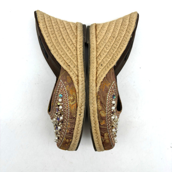 Vintage 90s Y2K Xhilaration Brown Satin Beaded Sequin Espadrille Wedge Heels 6 - Picture 14 of 16